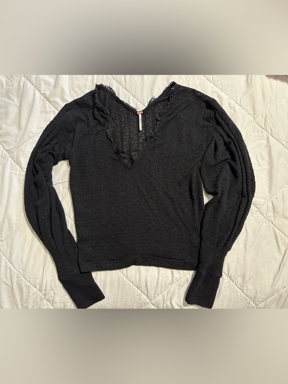 Free People Black V-Neck Long Sleeve Lace-Trim Top